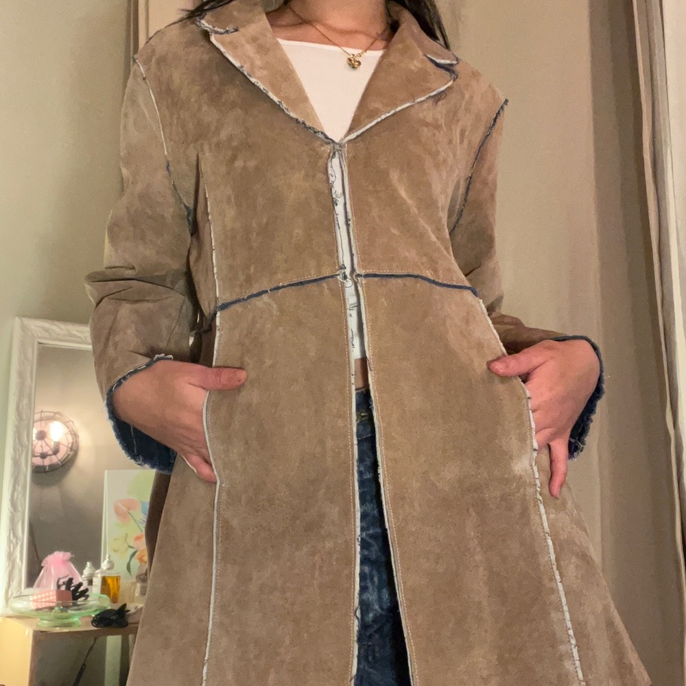 Suede Lightweight Coat With Inner Patchwork Denim - image 4